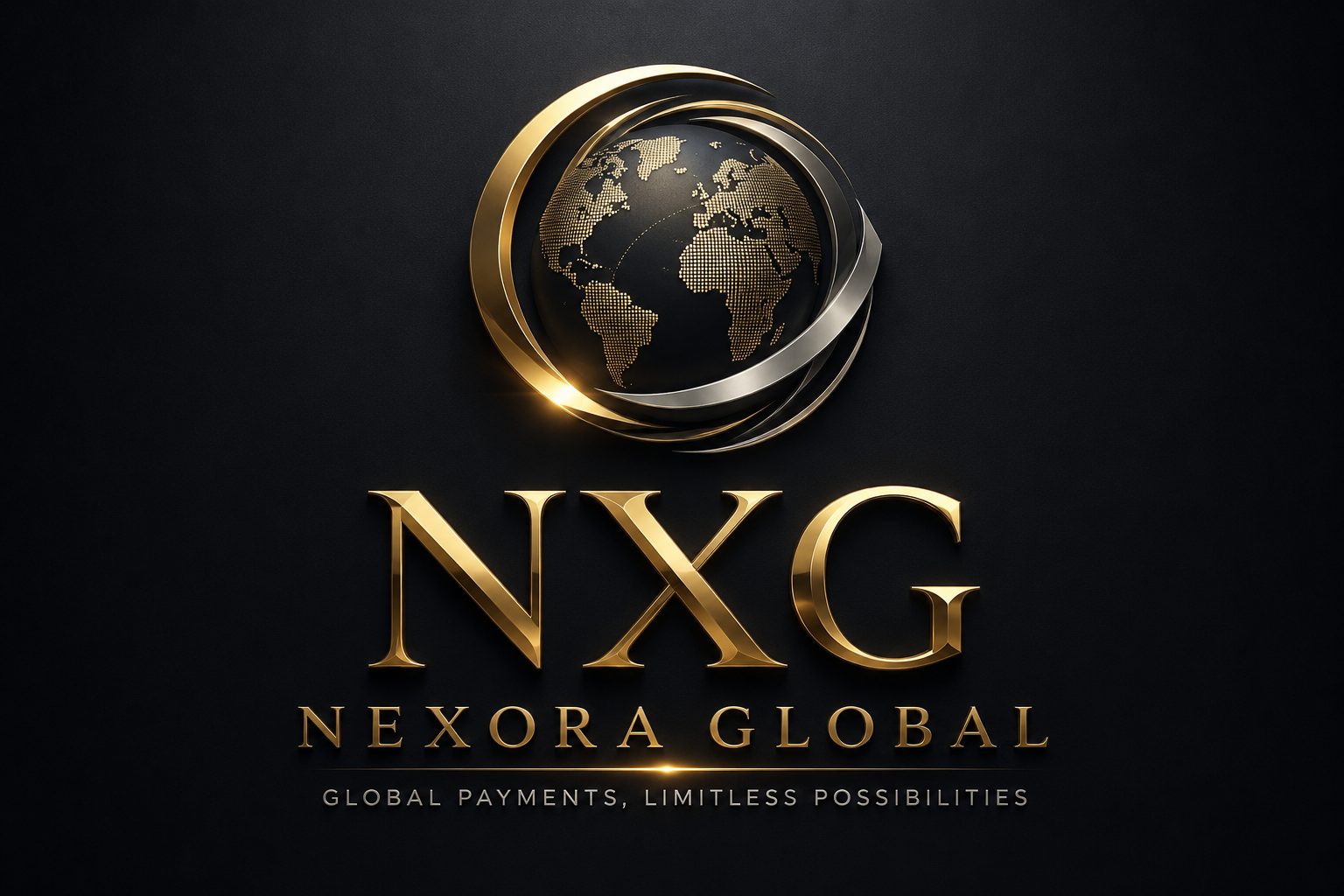 NXG Nexora Global brand visual on dark background with gold typography and global emblem