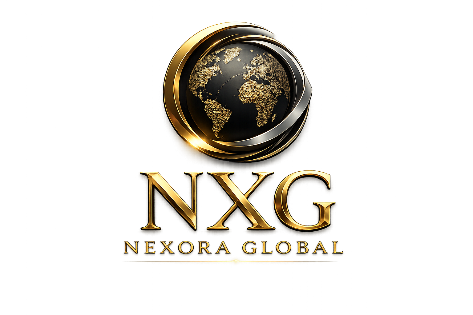NXG Nexora Global corporate logo with a gold globe and metallic rings on black