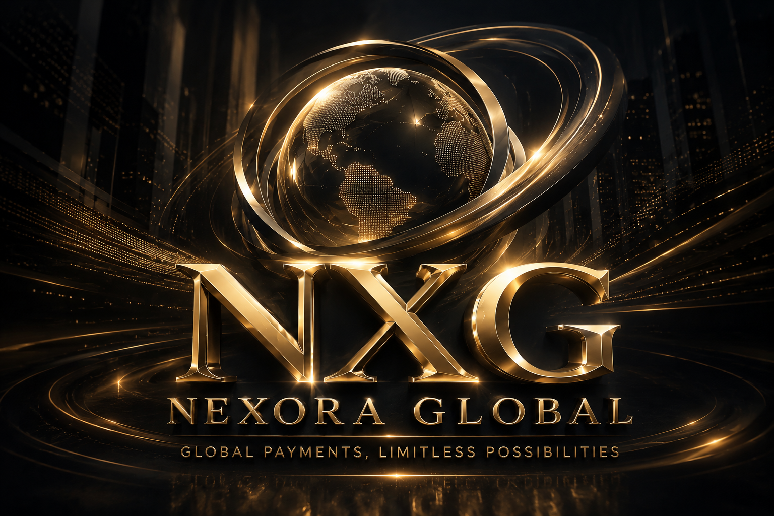 NXG Nexora Global cinematic brand visual with globe, gold light trails, and city atmosphere